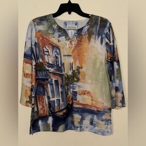 Alfred Dunner Petite Women's Top with an Italian Scenic Print 3/4 Sleeve